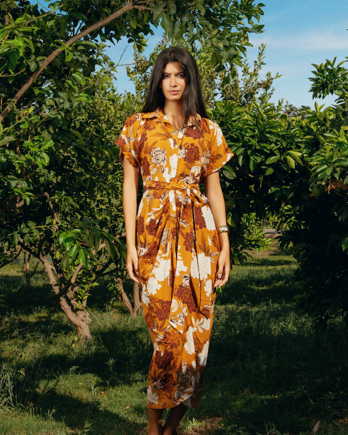 Solara Draped Belted Midi Dress