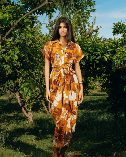The Solara Draped Belted Midi Dress