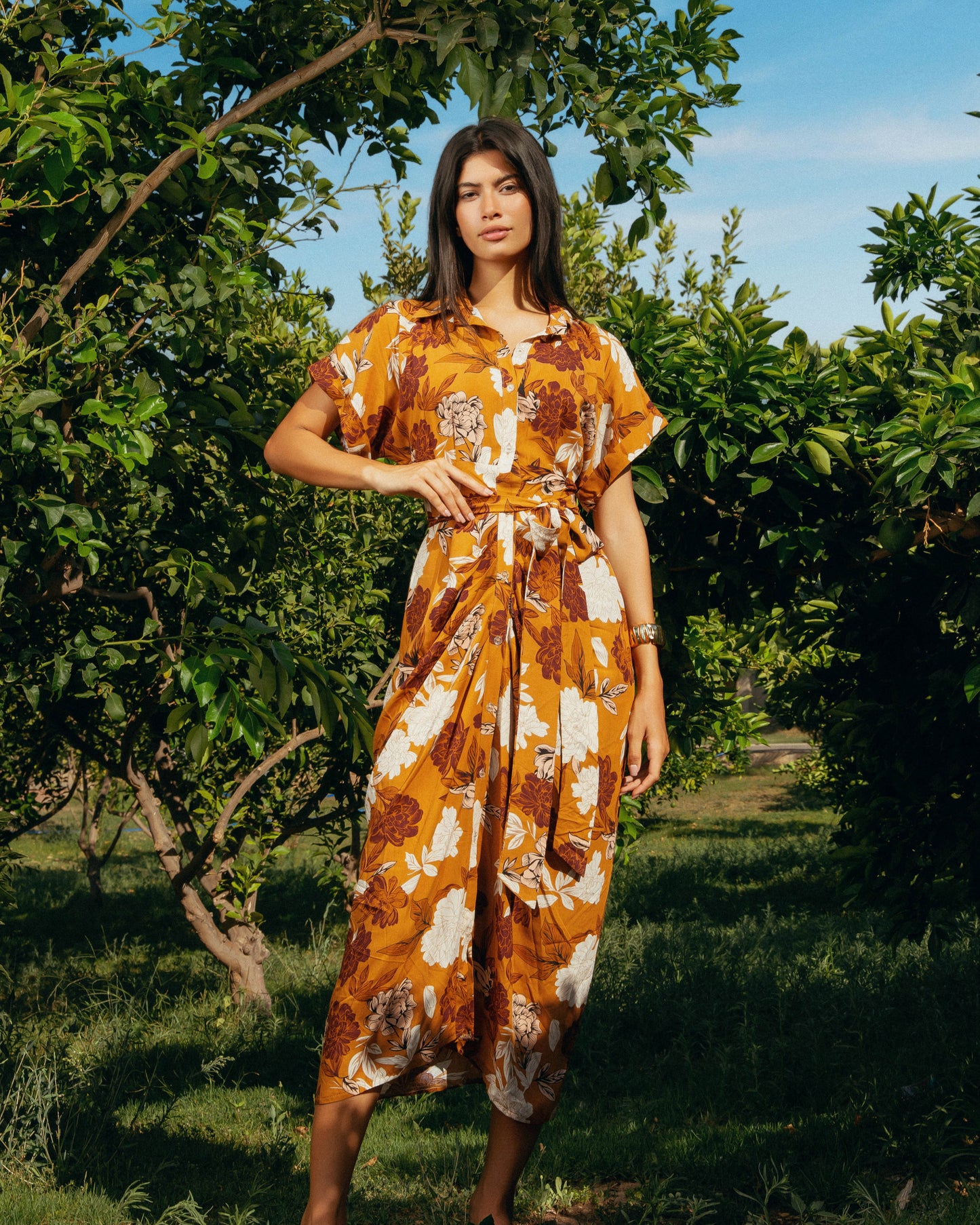Solara Draped Belted Midi Dress